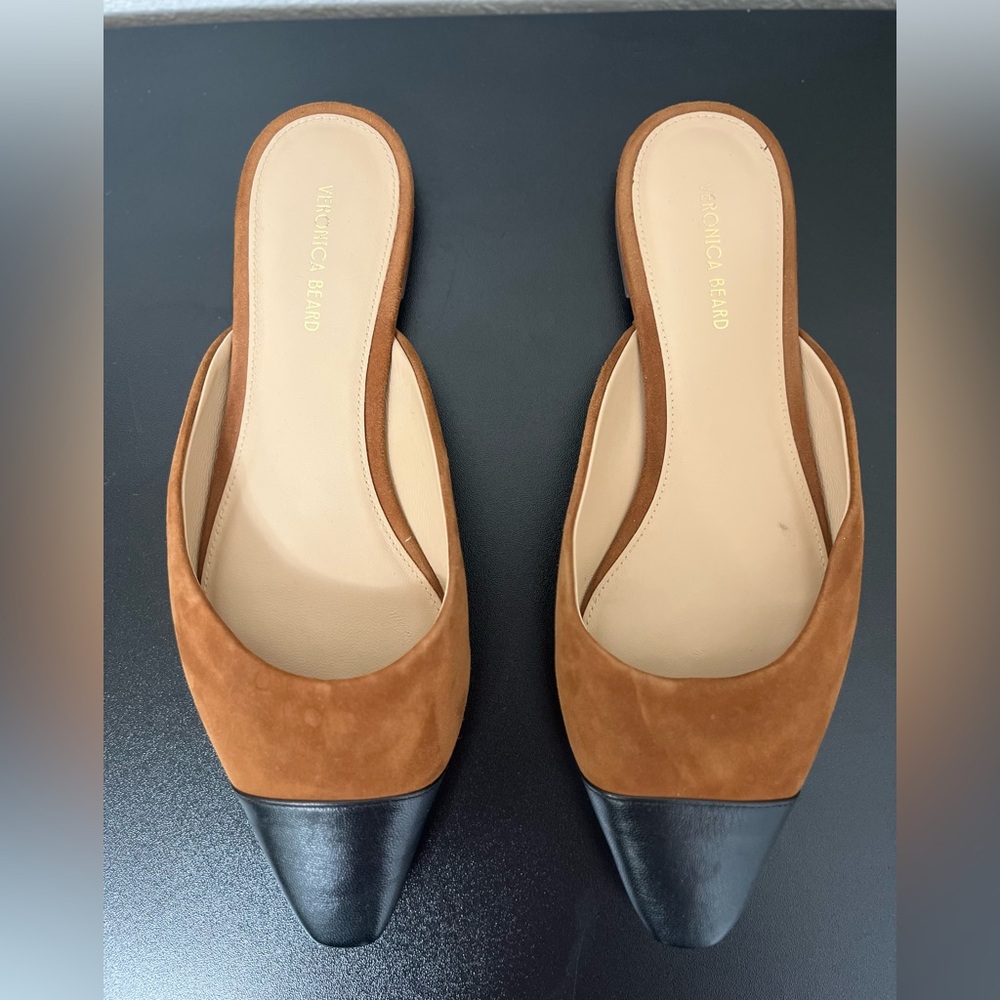 Veronica Beard Tan and Black Leather Mules,size 7.5